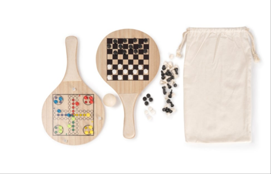 Ensemble de raquette de plage en bois avec jeux intégrés (Échecs & Parcheesi)